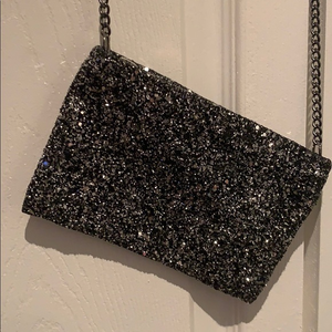 J Crew sequin crossbody evening clutch.  Bag is 7” x 5”.  The chain drop is 25”.